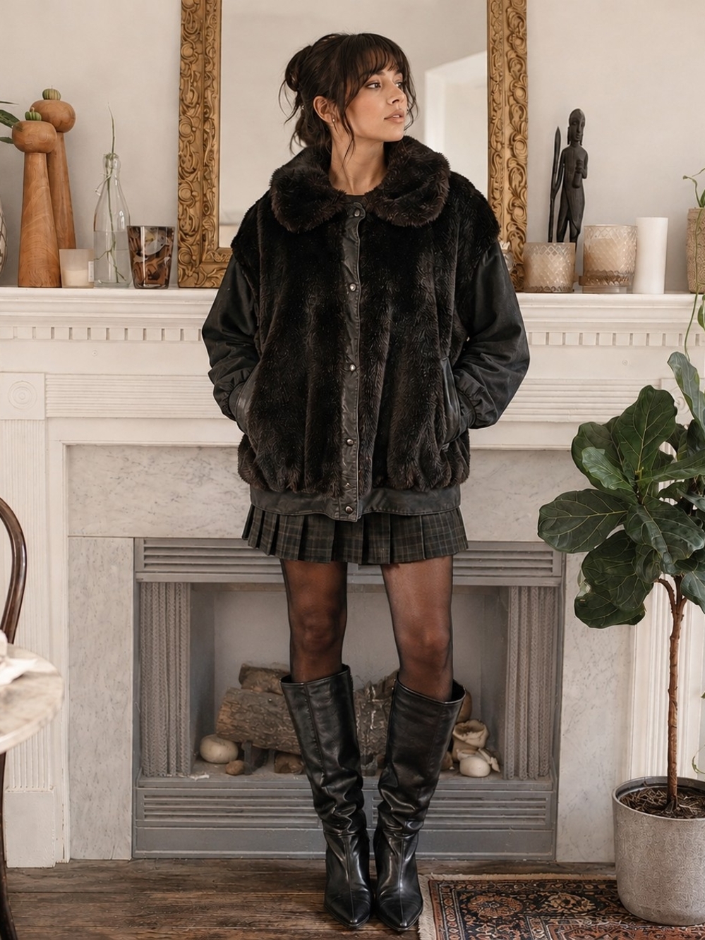Vintage 70s Dubrowsky Perlbinder Faux Fur Leather Jacket Sz 18 Black Brown Plus